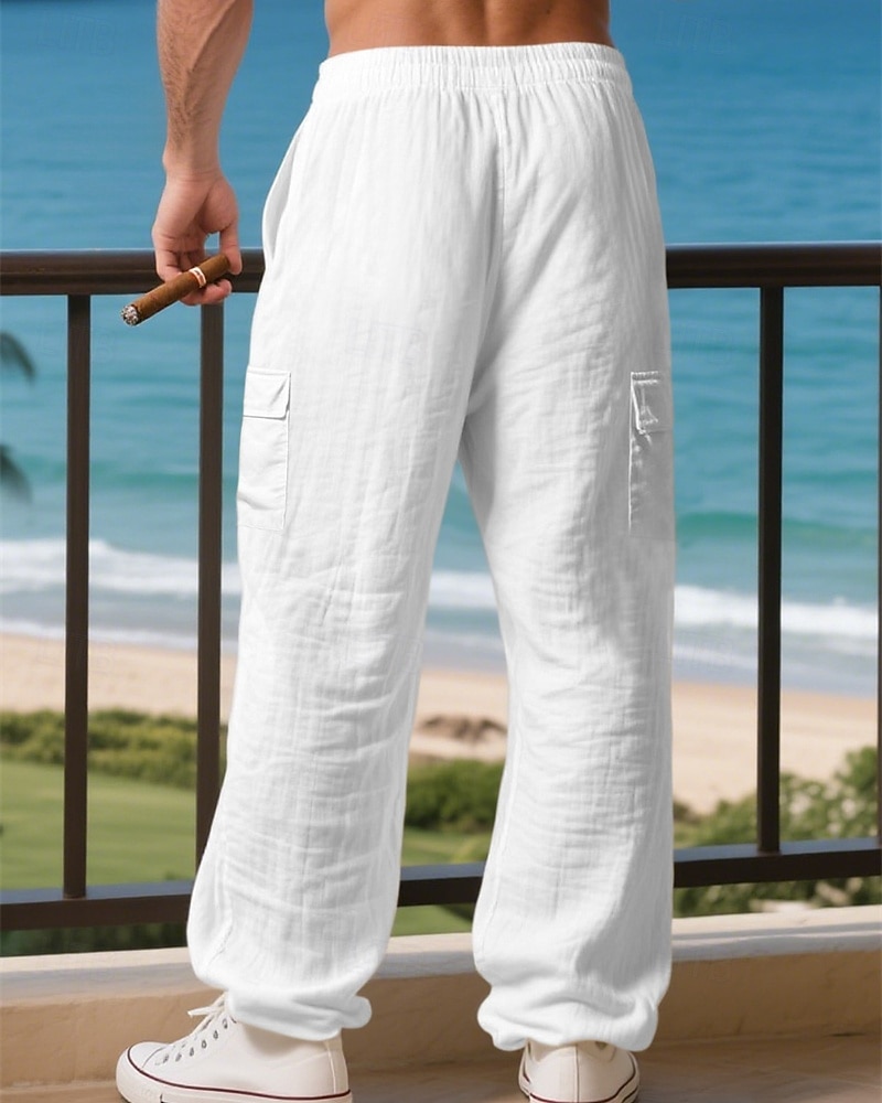 Miesten Pellavahousut Housut Kesähousut Roikkuvat housut Rantahousut Kurenauha Joustava vyötärö Yhtenäinen väri Mukavuus Hengittävä Päivittäin ulko- Hiekkaranta Loma Muoti Musta Valkoinen 2026 - $26.99 –P6