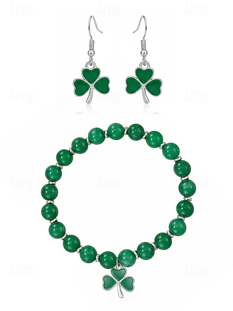 Set med shamrockarmband och örhängen i legering och akryl för kvinnor, gröna och vita pärlor, perfekt för St. Patricks dag och vardagsbruk 2026 - $11.99 –P10