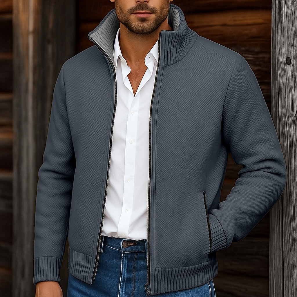 Муж. Вязаная ткань Кардиган Свитер на молнии Свитер Куртка флисовый свитер Рельефный узор Вязать Обычные топы Классический Флис Сплошной цвет Вырез под горло 2026 - ₩43524 –P6