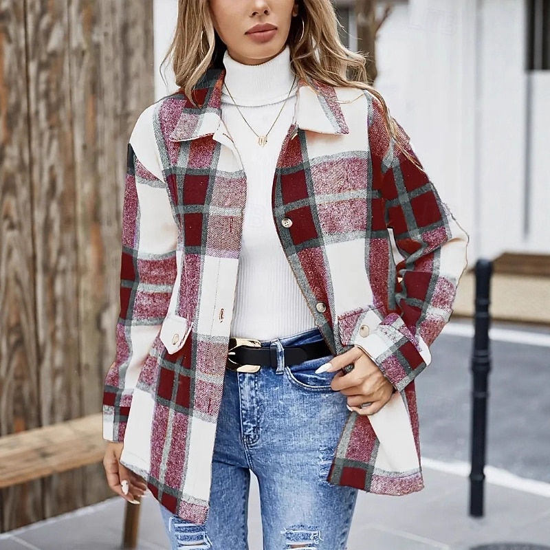 Women's Shirt Blouse Buttons Plaid Active Casual Long Sleeve Shirt Collar Regular Tops Daily Holiday Going out Blue Black Red Fall Winter 2026 - $26.99 –P3