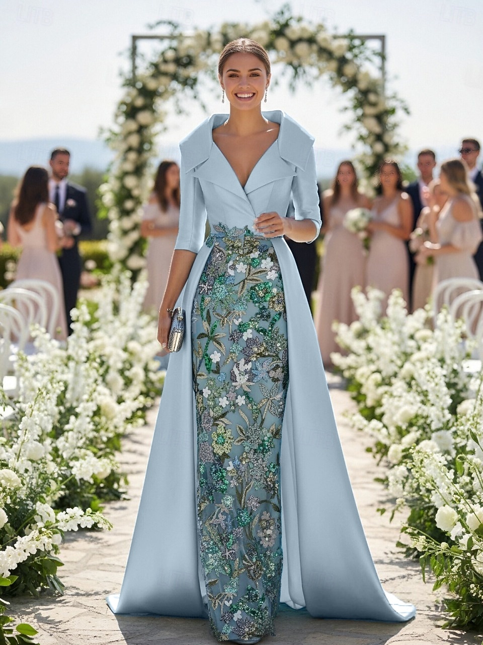 Linea ad A Tubino Colonna Lunghezza al pavimento Perline ricamate Abito da invitata a nozze Abito Formale Abito da cerimonia per signora Manica 3/4 Scollo a V Colletto a Camicia Elegante Vintage del 2026 a $218.49 –P1