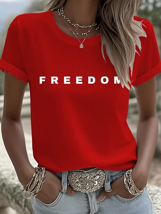 Maglietta patriottica da donna per il Giorno dell'Indipendenza grafica lettera bandiera vintage elegante classica maniche corte colletto a crew tops regolari stampa quotidiana weekend nera bianca del 2026 a $22.99 –P1