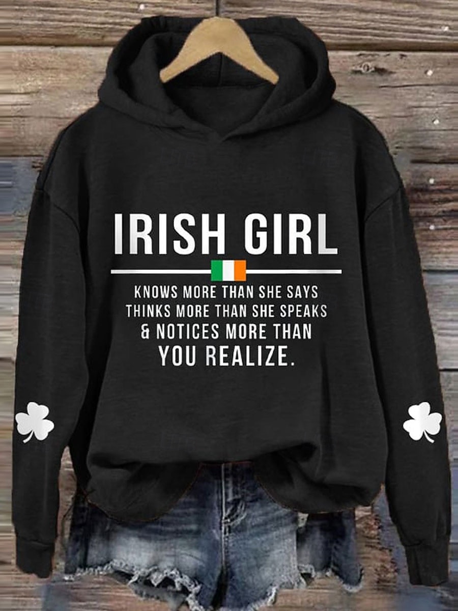 St. Patrick Women's Pullover Hoodie Sweatshirt Graphic Letter Casual Long Sleeve Hooded Regular Tops Casual Dailywear Sports Black Green Gray Fall 2026 - $28.99 –P3