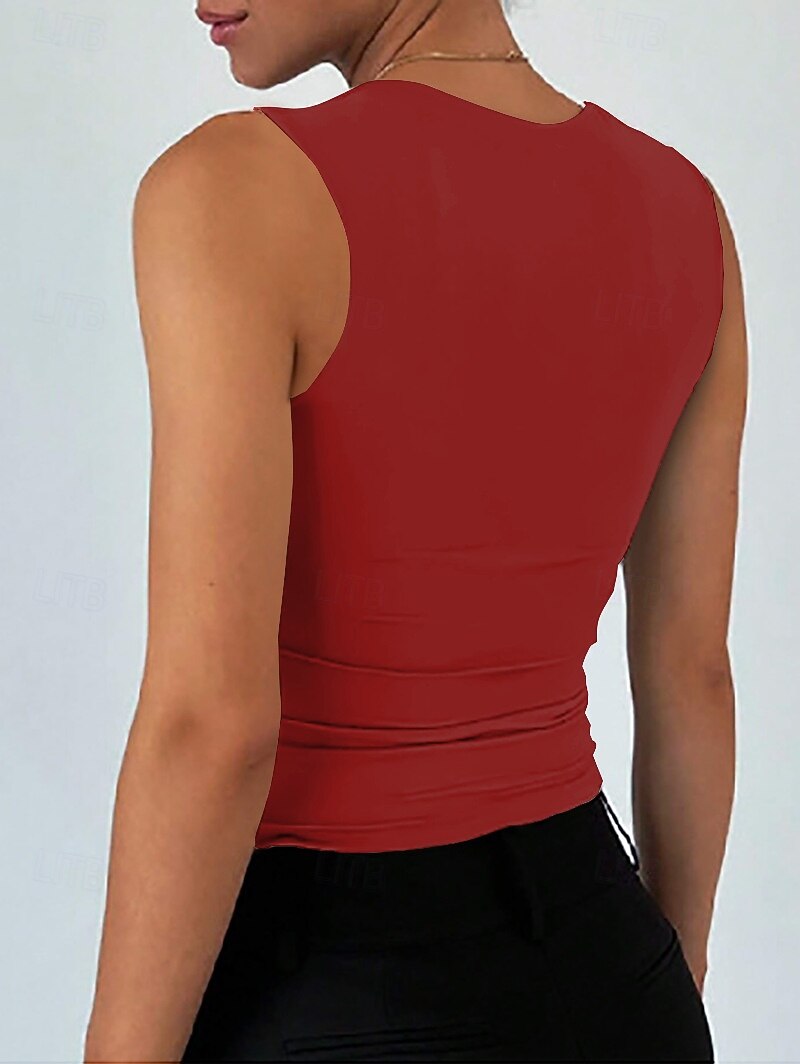 Γυναικεία Καμισόλ Tank Top Σουρωτά Συμπαγές Χρώμα Στυλάτο Καθημερινό Αμάνικο Τετράγωνη Λαιμόκοψη Crop Tops Καθημερινά Αργίες Μαύρο Λευκό Κρασί Ρουμπίνι Καλοκαίρι Άνοιξη 2026 - $19.99 –P7