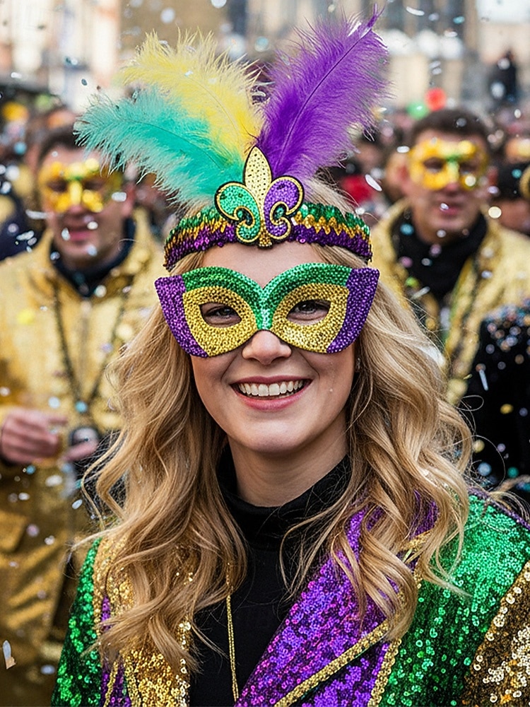 Dámská souprava masky a čelenky na karneval Mardi Gras z polyesteru s flitry – živé barvy s peřím ideální pro karneval a maškarní večírky 2026 - $9.99 –P1