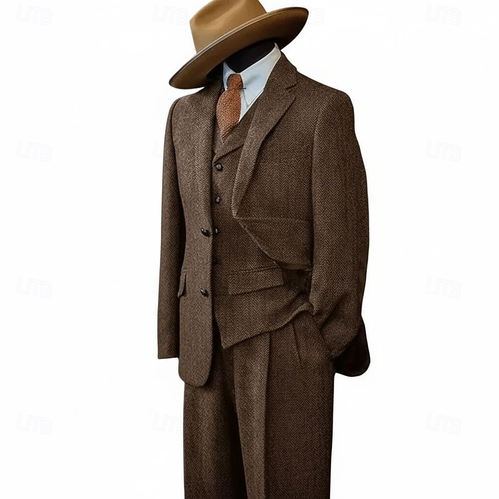 De los hombres Trajes de tweed Negocio Boda Azul Piscina Caqui Claro Otoño invierno Traje Solapa de Pico Negocios Retro Antiguo Espiga A Medida Juego de 3 piezas Recto 2 botones 2026 - $139.99 –P4