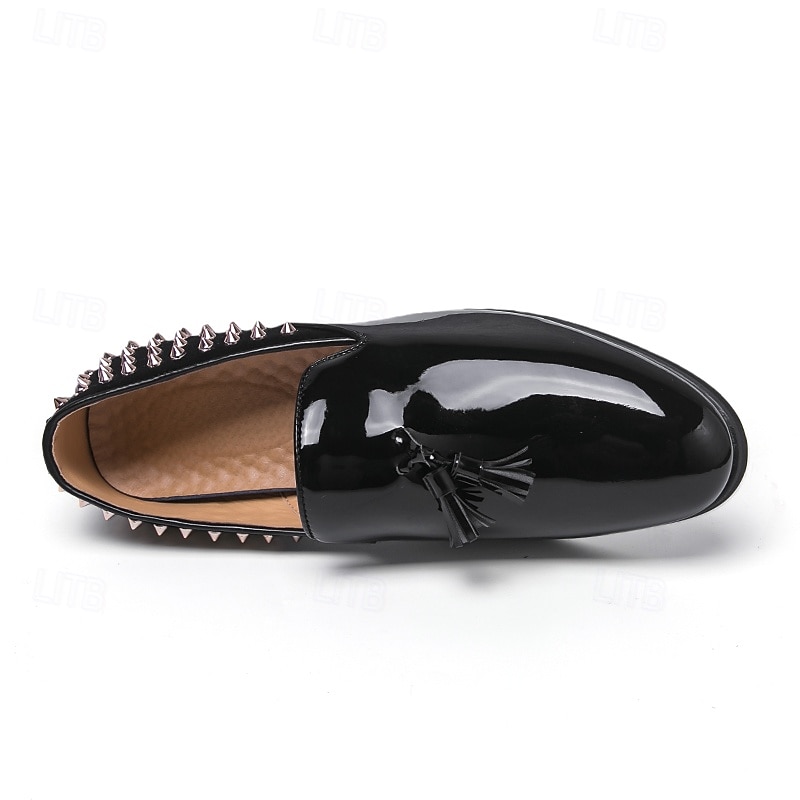 Mocasines negros de charol para hombre: elegantes zapatos sin cordones con detalles tachonados y un diseño moderno, ideales para salidas nocturnas, fiestas, eventos de moda y bodas. 2026 - $54.99 –P5