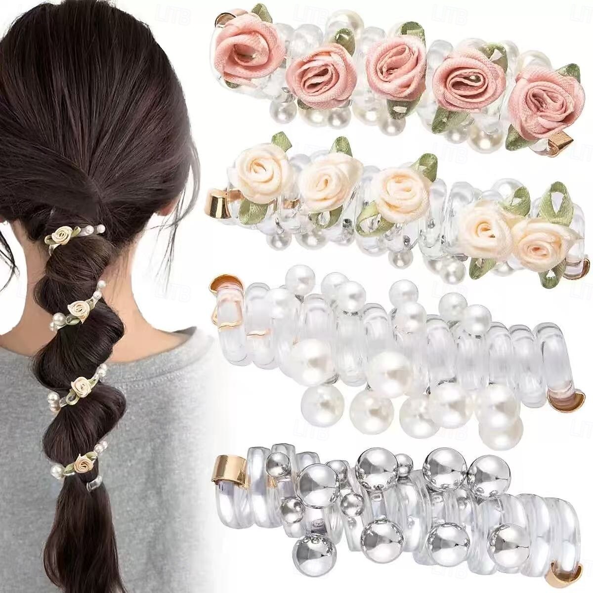 4 יחידות קשרי שיער ספירליים עשויים פנינים מלאכותיות עם רצועת טלפון, כלי צמה בסגנון יפני ליצירת קוקו גבוה, קשר שיער ספירלי מעוטר פנינים לבני נוער ומבוגרים 2026 - $9.99 –P3