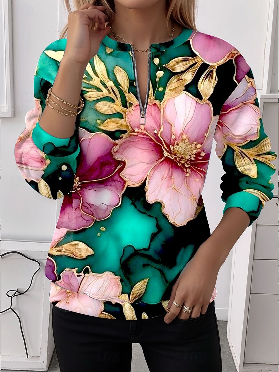 Mulheres Moletons com zíper Zíper Imprimir Floral Gráfico Moda Casual Manga Longa Decote Redondo Tops regulares Rua Dia a Dia Branco Roxo Laranja Verde Primavera Outono Inverno de 2026 por $27.99 –P2