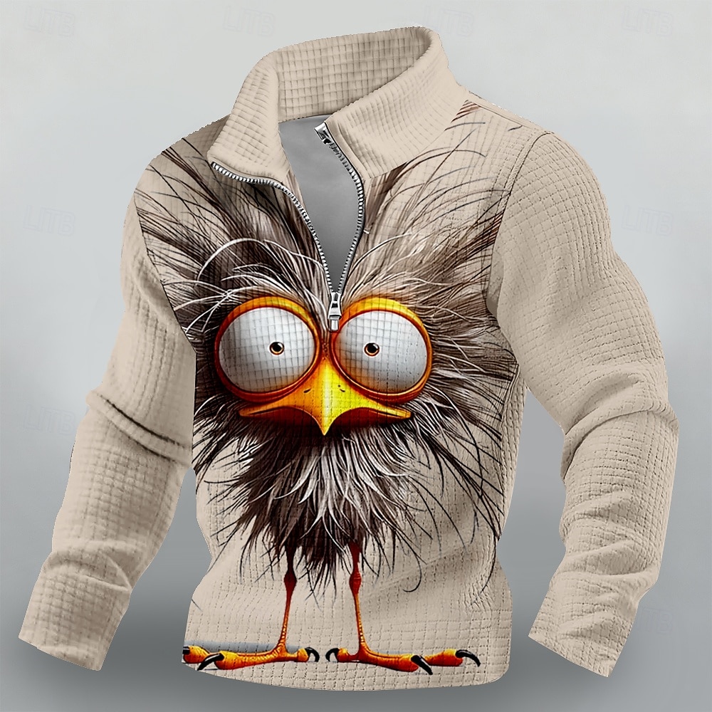 Sweat-shirt homme à col zippé, imprimé oiseau 3D aux grands yeux, maille gaufrée, manches longues, style décontracté, tailles S, M, L, XL, XXL, XXXL de 2026 ? $32.99 –P1
