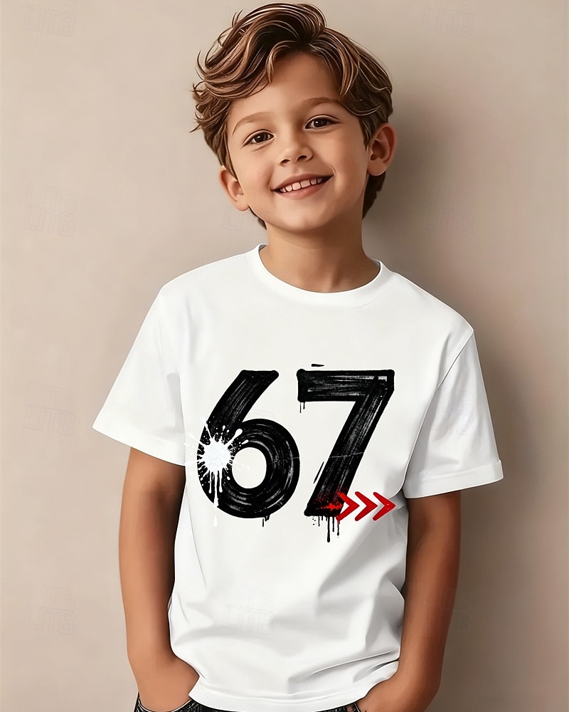 Baumwolle Kinder Jungen Weiß Grafik Lustiger Slang 67 T-Shirt Bluse Rundhalsausschnitt Kurzarm Outdoor Alltagskleidung Mode Streetwear Designer Drucken Sommer 2026 - $14.99 –P1