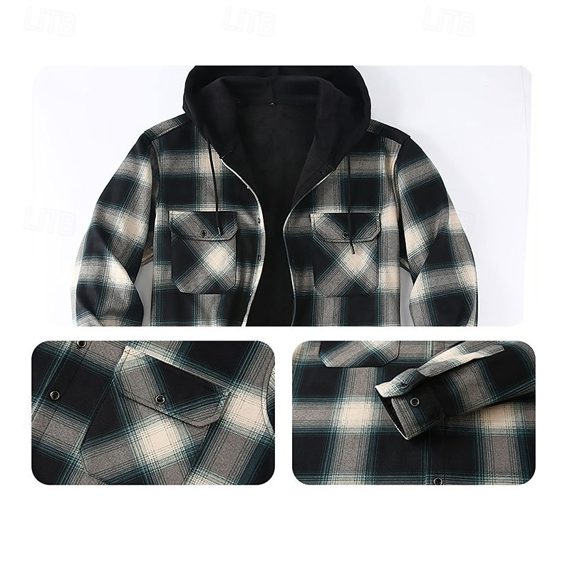Муж. Зимнее пальто Флисовая жилетка Повседневная куртка Повседневные на открытом воздухе Сохраняет тепло Карман Осень Зима В клетку Уличный стиль Повседневные Капюшон Обычная 2026 - $31.99 –P4