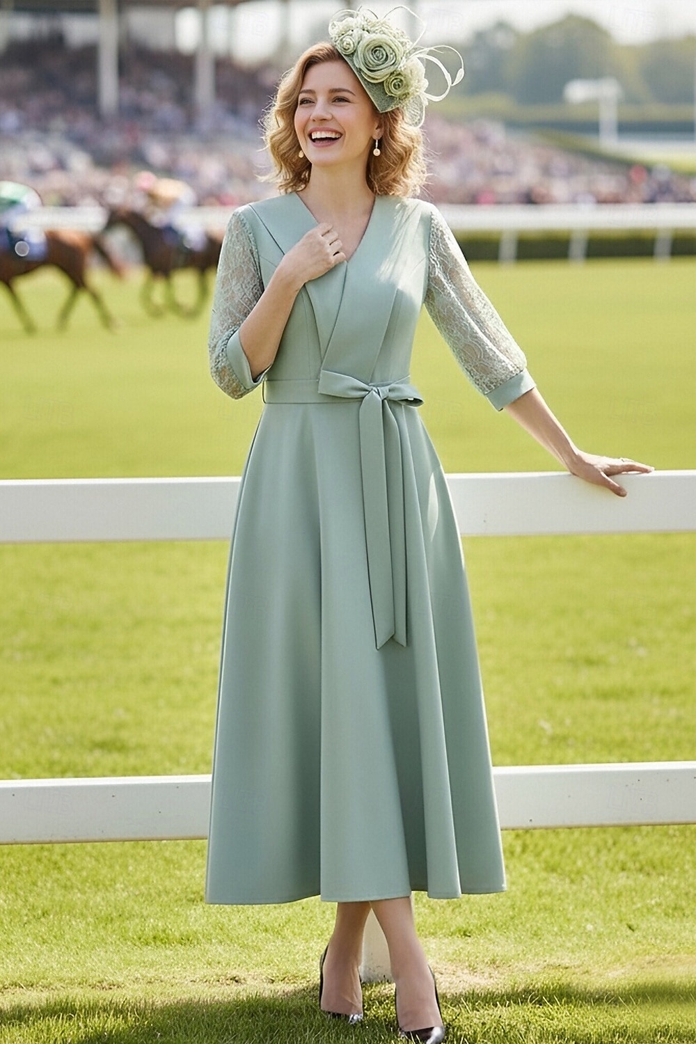 Krój A Do kostki Sukienka Derby Sukienka dla matki panny młodej Rękaw 3/4 W serek Klapa Elegancja Kentucky Derby Rozciągliwa krepa z Kokardki 2026 - $126.99 –P1