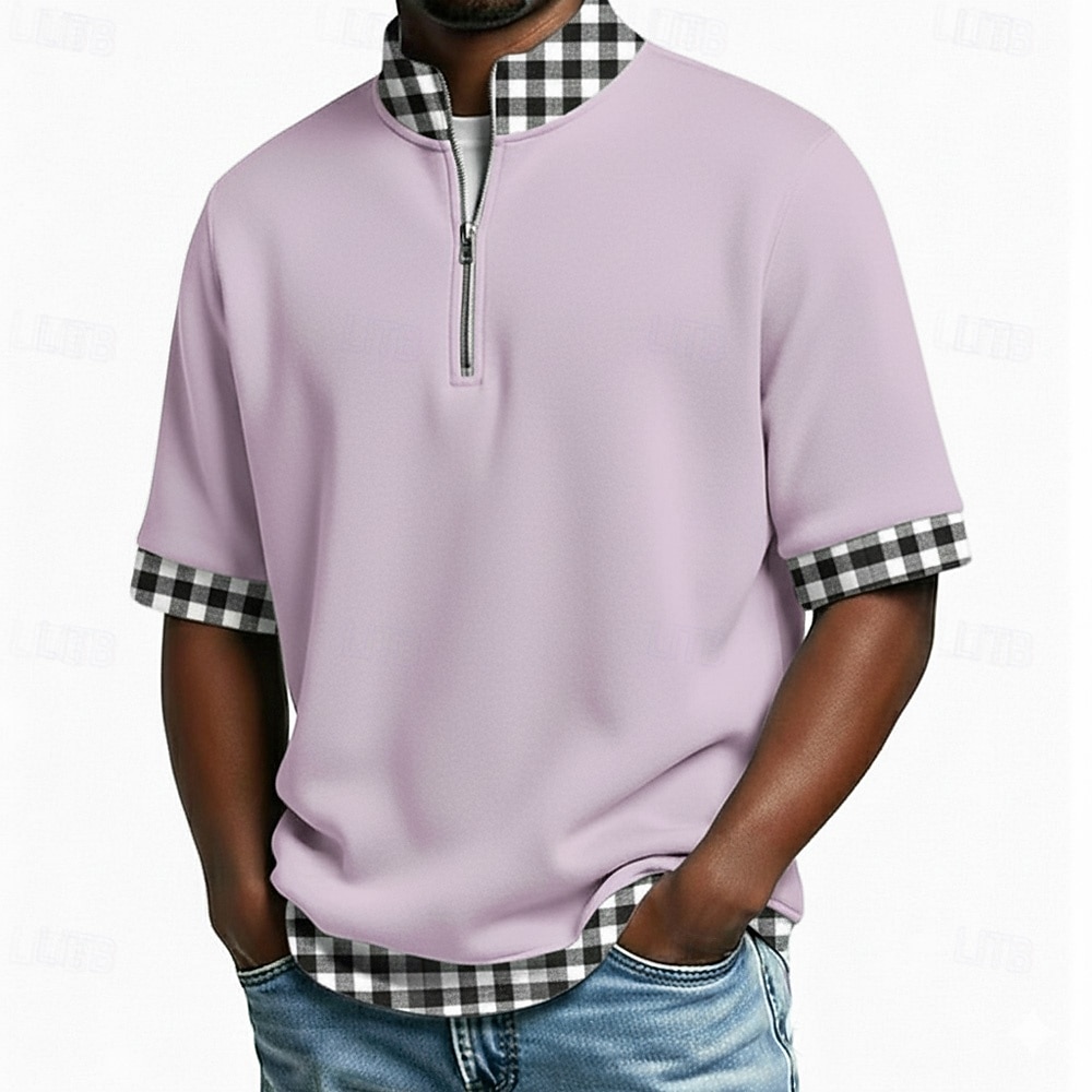 Per uomo Polo Casuale Ferie Colletto Mao Manica Corta Essenziale Moderno Plaid Blocco di colori Bottoni Estate Primavera Blu Blu marino Viola Marrone Verde Polo del 2026 a $24.99 –P3