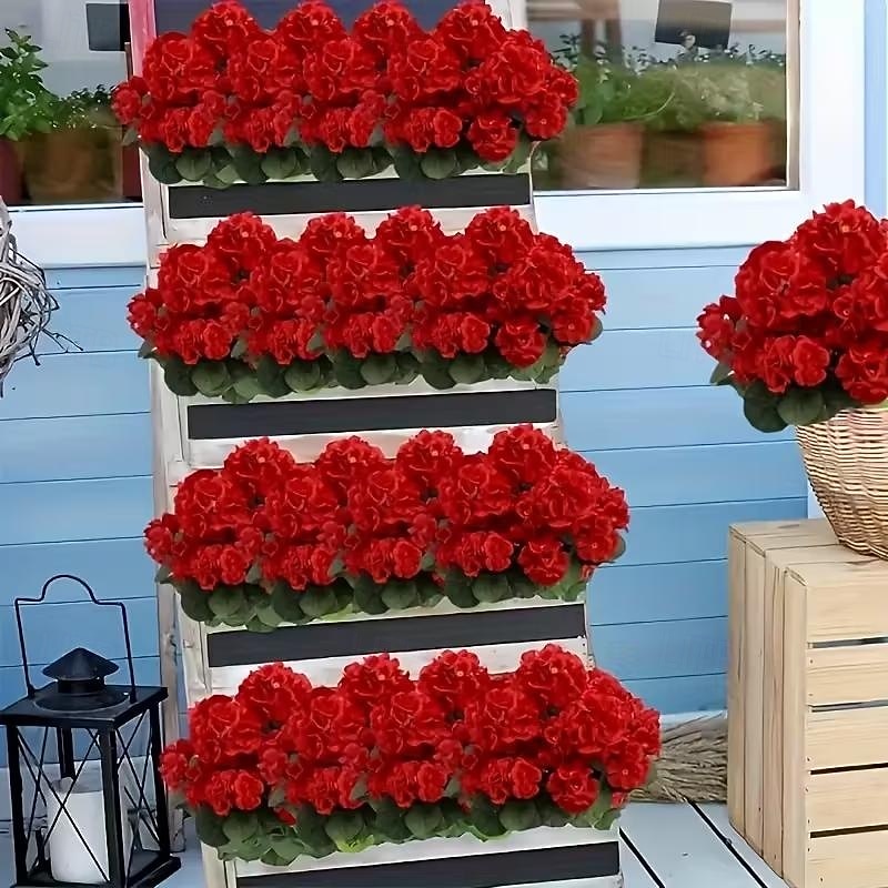 6 větví, kytice z umělých pelargónií odolných proti UV záření, 30 stonků/větví, zářivě červené květy s bujným zeleným olistěním, realistická plastová dekorace do interiéru/venkovního prostředí, 2026 - $25.99 –P6