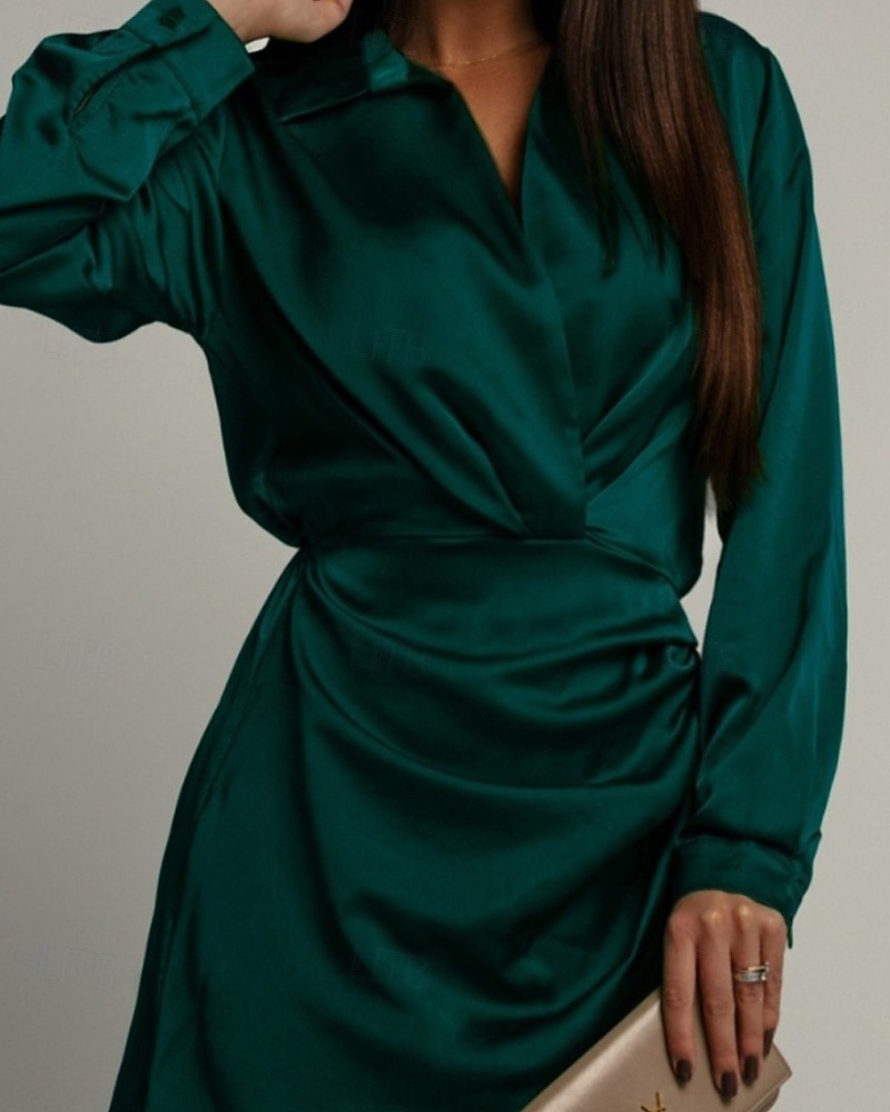 Femmes Mini Robe Robe en Satin Robe Chemise Robe froncée Moderne Quotidien Sortir Week-end Coupe régulière Uni manche longue Col de chemise Noir Vert foncé Marron Rose rouge Printemps Automne de 2026 ? $31.99 –P8