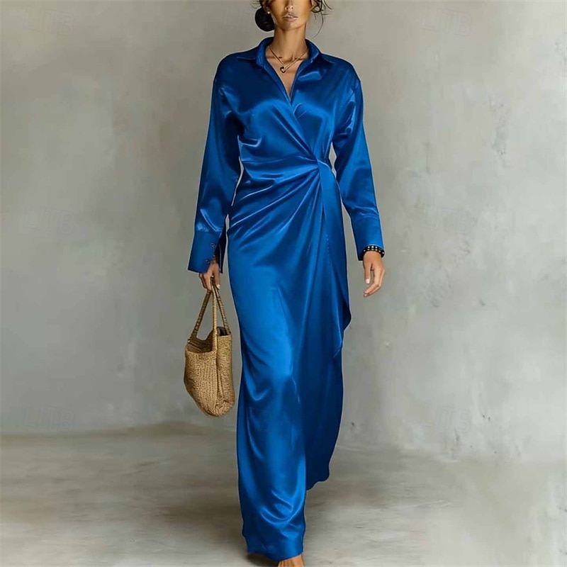 Mujer Vestido Midi Vestido negro Vestido elegante Elegante Vintage Moda Diario Exterior Oficina Ajuste regular Plano Manga Larga Cuello Camisero Azul Piscina Negro Rojo Morado Verano Primavera 2026 - $47.99 –P4