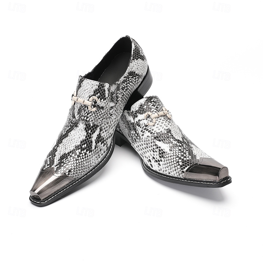 Men's White Snake Print Slip-On Shoes with Metal Accents – Stylish Formal Shoes for Evening Wear and Fashion-Forward Occasions 2026 - $119.99 –P9