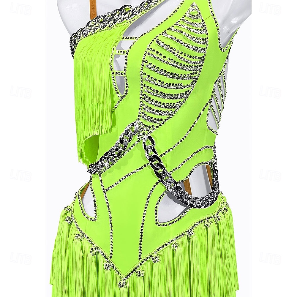 Women's Neon Green Rhinestone Fringe Latin Dance Dress - One Shoulder Cutout Asymmetrical Ballroom Performance Costume 2026 - $292.49 –P2