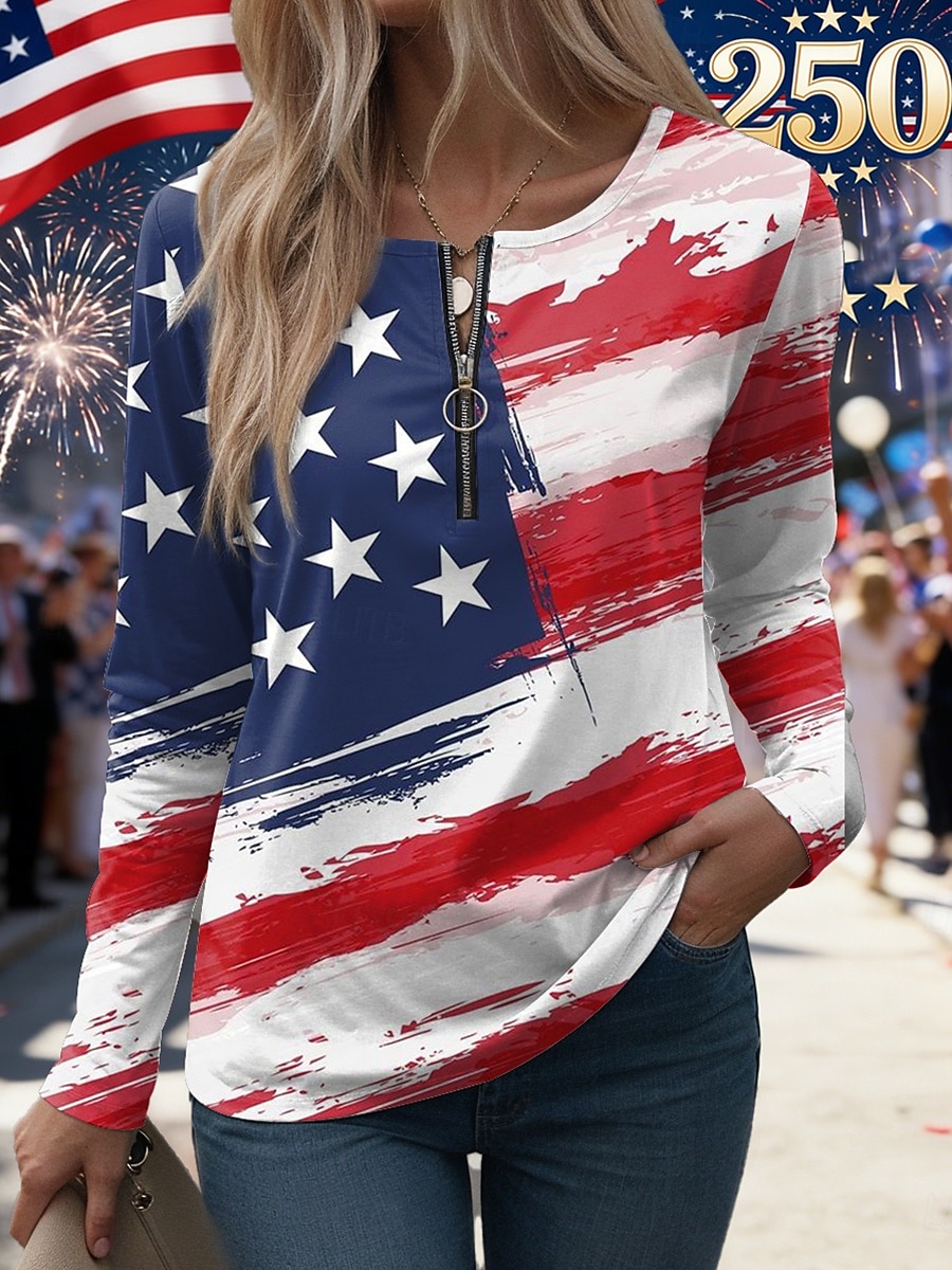 T-shirt blu con grafica patriottica per il Giorno dell'Indipendenza anniversario americano maniche lunghe collo rotondo bandiera moda stilosa casual abbigliamento quotidiano stampa con zip estate del 2026 a $25.99 –P2