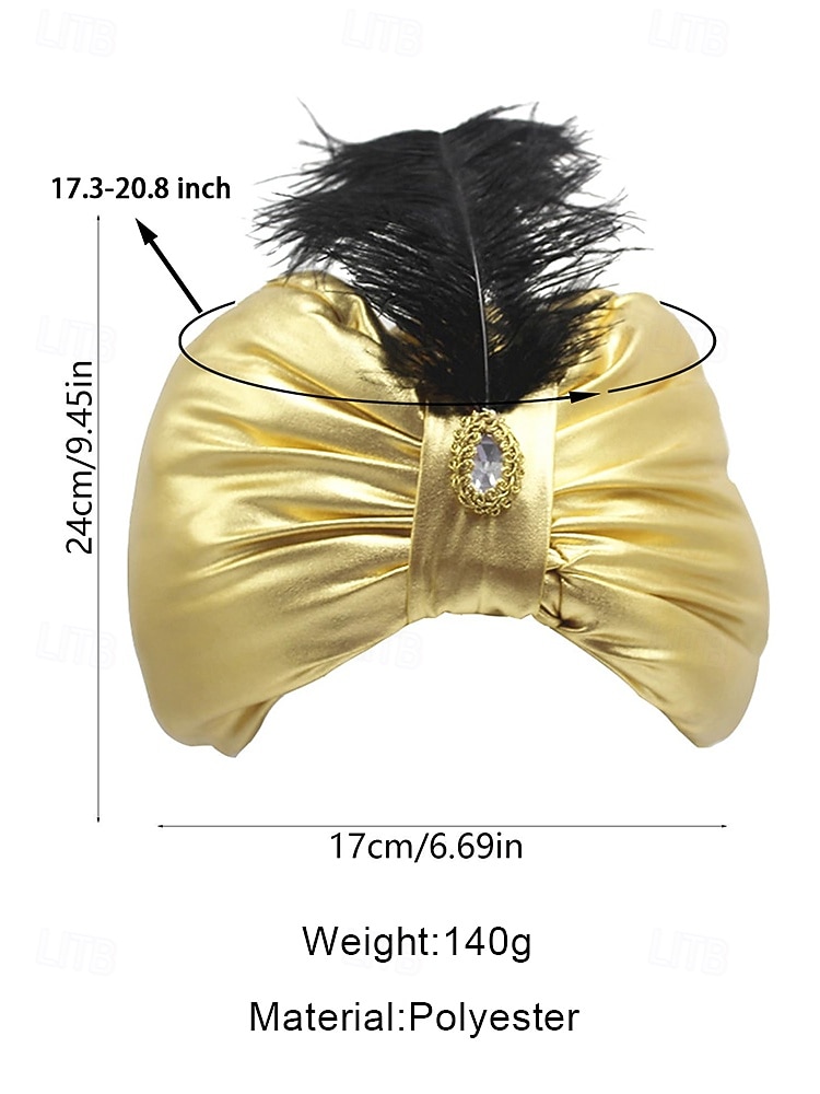 2026年 メンズゴールドメタリックポリエステルマルディグラハット、羽根とブローチ付き - 王子、スルタン、またはアラビアのコスチュームヘッドラップ、カーニバルと仮面舞踏会用  コレクション – $14.99 –P8