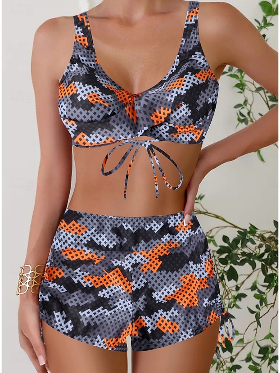 2026年 ウィメンズビキニ 2ピース水着 レオパード ショーツ スリム バックレス バケーション ビーチウェア カモ Vネック ノースリーブ 水着  コレクション – $19.99 –P1