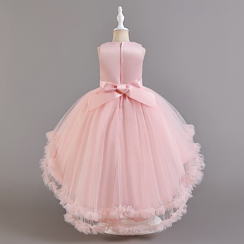 Bloemenmeisjesjurk, communiejurk, formele jurk voor meisjes, trouwkleding, feestkleding, formele mode voor bruiloften, schattige patchwork, mesh, effen kleur, mouwloos, ronde hals, geel, roze, 4 jaar 2026 - $51.99 –P19