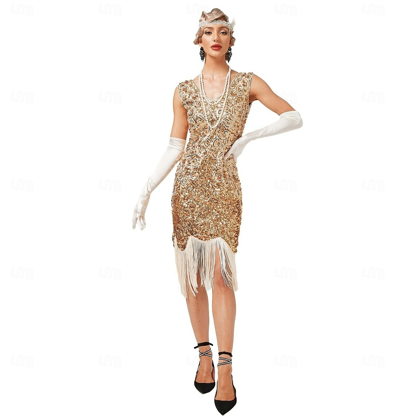Ordító 20-as évek 1920-as évek Térdig érő Ruhák Esküvői mulatság Legénybúcsú Szabályos Ujjatlan A nagy Gatsby Charleston Esküvői Vendég Flitter Rojt V-alakú Jelmez Női Farsang Álarcos mulatság Estély 2026 - $55.99 –P3