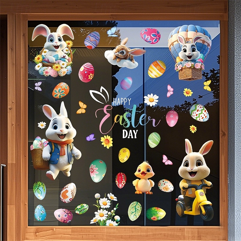 9 listů velikonočních samolepek na okna, velikonoční motocyklový zajíček s roztomilým králíkem a vajíčkem do výlohy, statické samolepky na okna. 2026 - $9.99 –P6