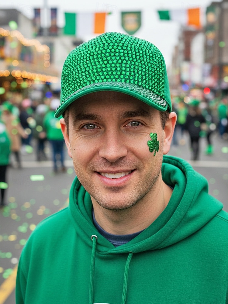 Casquette unisexe ornée de strass, en polyester, décoration scintillante, disponible en plusieurs couleurs, idéale pour la Saint-Patrick, le carnaval et au quotidien. de 2026 ? $14.99 –P3