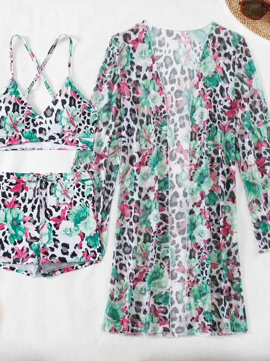 Γυναικείο Μπικίνι 3 Τεμαχίων Μαγιό Σορτς Slim Χωρίς Πλάτη Διακοπές Παραλία V Λαιμός Αμάνικο Μαγιό 2026 - $31.99 –P2