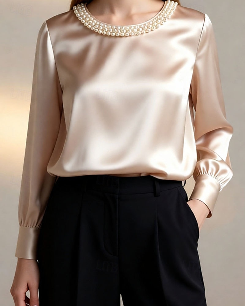 Mulheres Blusa Tops elegantes Franzido Patchwork Com Miçangas Côr Sólida Tecido Elegante senhoras à moda Manga Longa Gola Redonda Tops regulares Diário Trabalho Para Noite Preto Branco Verde Damasco de 2026 por $26.99 –P7