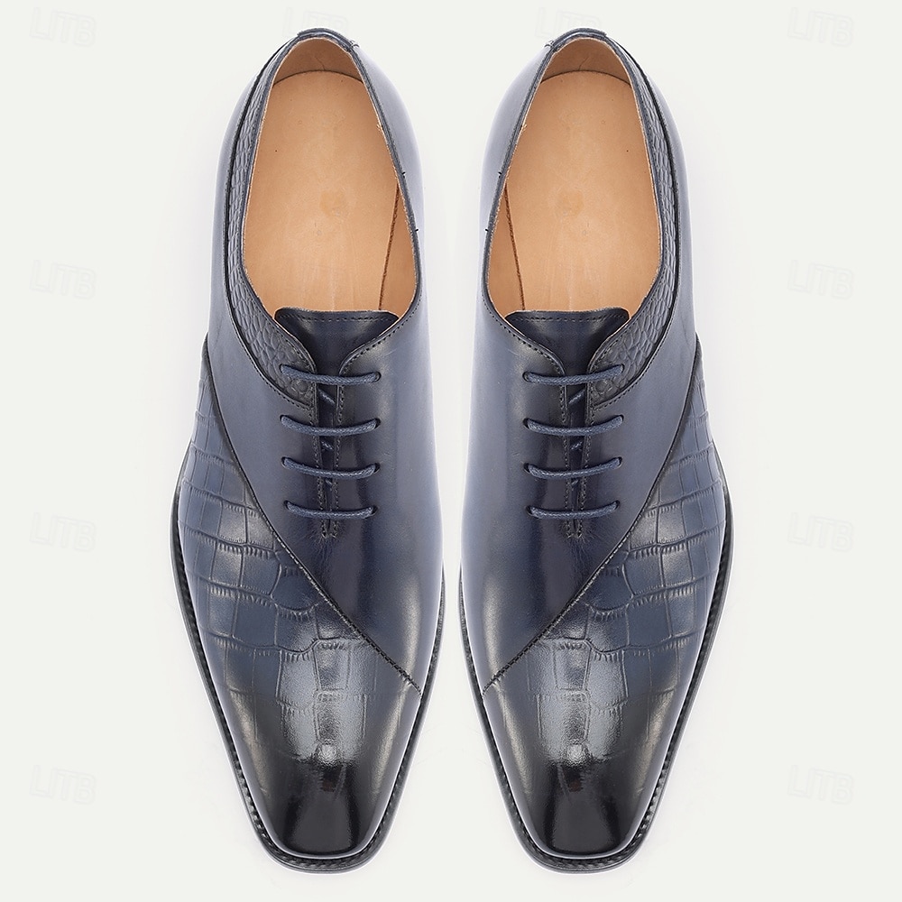 Sapatos derby masculinos em couro azul com estampa de crocodilo – design luxuoso com fivela e acabamento premium, ideais para ocasiões formais, casamentos e uso no escritório. de 2026 por $94.99 –P6