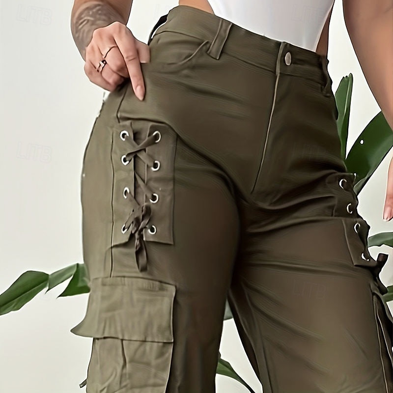 Damen Cargo-Hosen Chinos Urlaub Vintage Streetwear Volle Länge Mittlere Taillenlinie Einfarbig Mehrere Taschen Bequem Mikroelastisch Täglich Outdoor Straße Armeegrün Khaki Frühling Herbst Winter 2026 - $44.99 –P2