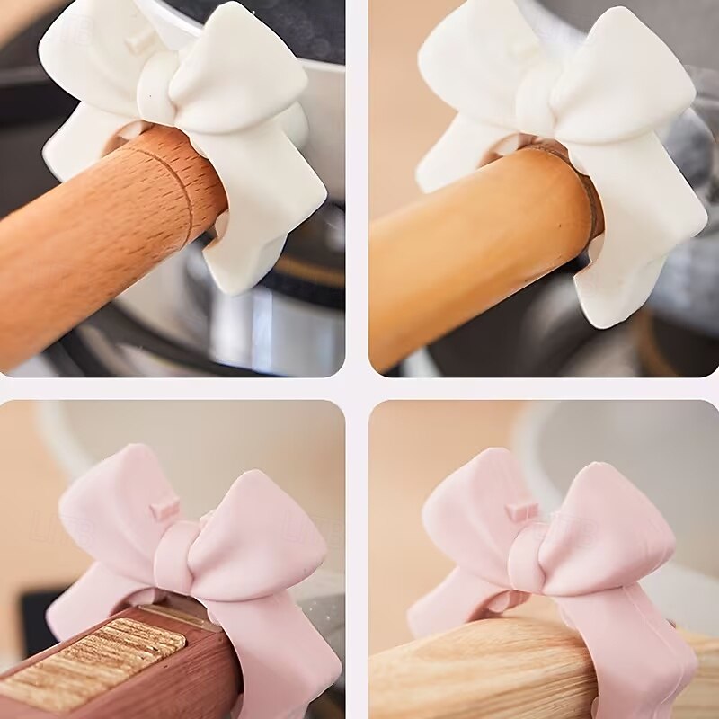 2 ks silikonových podpěr na poklici ve tvaru mašle, roztomilý růžový design mašle, bezpečné uchycení lžiček &metly, držák na kuchyňské náčiní, držák na kuchyňské náčiní, prostorově úsporný kuchyňský 2026 - $10.49 –P8