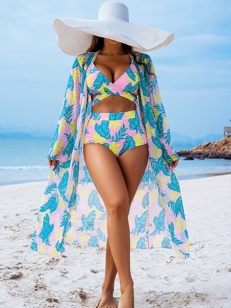 Costume da bagno tre pezzi bikini da donna palme controllo della pancia snella senza schienale abbigliamento da spiaggia floreale foglie scollatura a V senza maniche del 2026 a $31.99 –P11