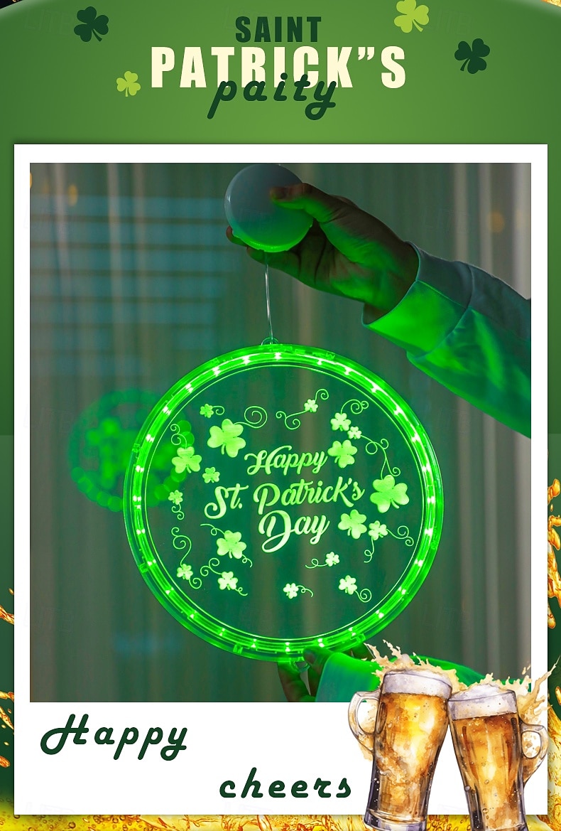 2026年 アイルランドの聖パトリックの日の飾り、LED吊り下げライト、22/24cmのシャムロック &レプラコーンの帽子の吸盤ライト、屋内ドア、窓、壁、パーティー、休日の装飾、単4電池ボックス付き  コレクション – $16.49 –P3