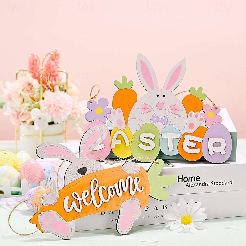 عبوتان من زينة عيد الفصح، حروف خشبية مزخرفة، زينة أرنب عيد الفصح المعلقة لتزيين المنزل في موسم الأعياد، زينة جدارية أو بابية ربيعية، إكسسوارات احتفالية 2026 - $12.99 –P2