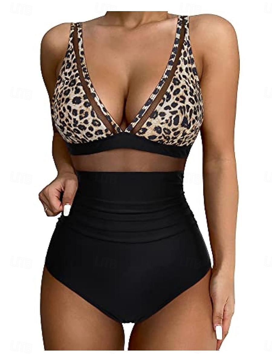 نسائي ملابس السباحة قطعة واحدة ملابس البحر ملابس السباحة شبكة بنطلون رياضي للبطن عالي الخصر ضعيف بدون ظهر العطلة ملابس الشاطئ جلد نمر أوراق V رقبة بدون كم بدلة سباحة 2026 - $21.99 –P1