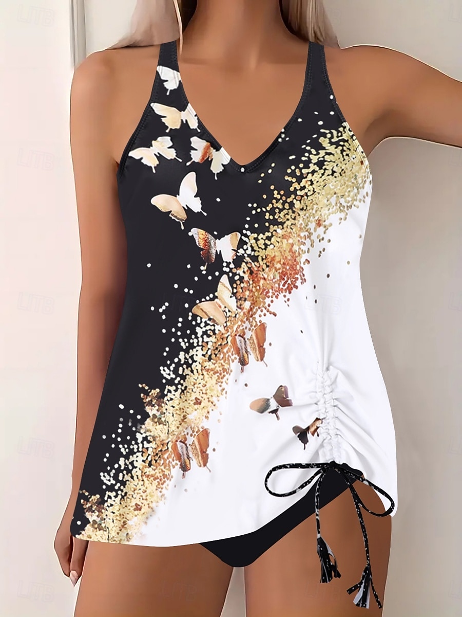 Costum de baie pentru femei tankini 2 piese cu slipuri cu control al burticii talie înaltă cu spatele gol pentru vacanțe la plajă cu gradient cu fluturi cu guler V fără mâneci 2026 - €18.99 –P2