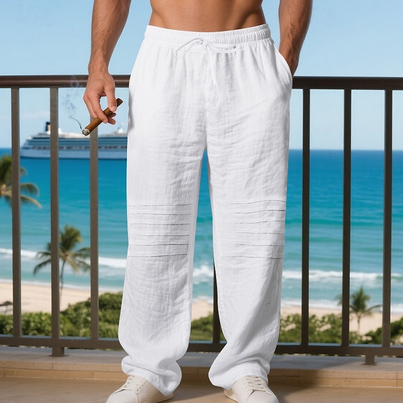 Men's Linen Pants Trousers Summer Pants Baggy Pants Beach Pants Drawstring Elastic Waist Solid Color Comfort Breathable Daily Outdoor Beach Vacation Fashion Light Khaki Black Inelastic 2026 - $24.99 –P5