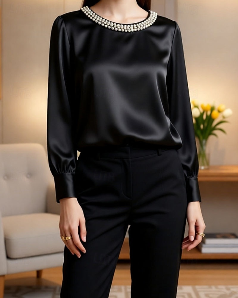 Mulheres Blusa Tops elegantes Franzido Patchwork Com Miçangas Côr Sólida Tecido Elegante senhoras à moda Manga Longa Gola Redonda Tops regulares Diário Trabalho Para Noite Preto Branco Verde Damasco de 2026 por $26.99 –P1