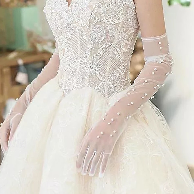 Netz / Terylen Knielänge Handschuh Elegant / Vintage-Stil Mit Kunstperle / Unifarbe Hochzeit / Party-Handschuh 2026 - $17.49 –P3
