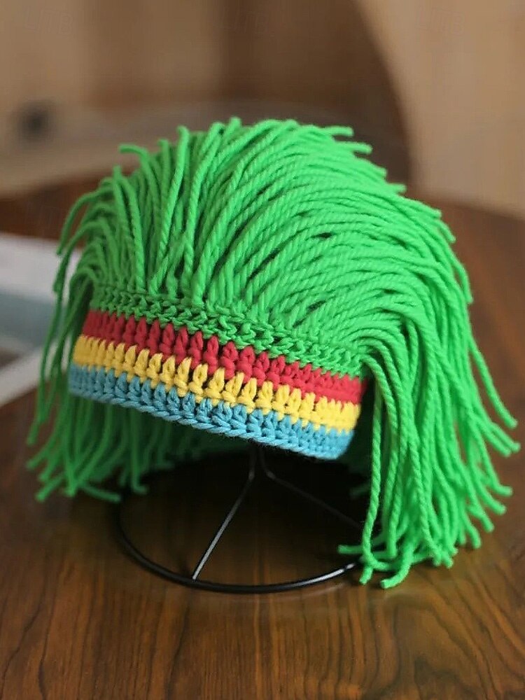 Herren-Perückenmütze aus Häkelgarn, mehrfarbiges Design mit grünen, roten und gelben Streifen, perfekt für den St. Patrick's Day und Kostümpartys 2026 - $14.99 –P4