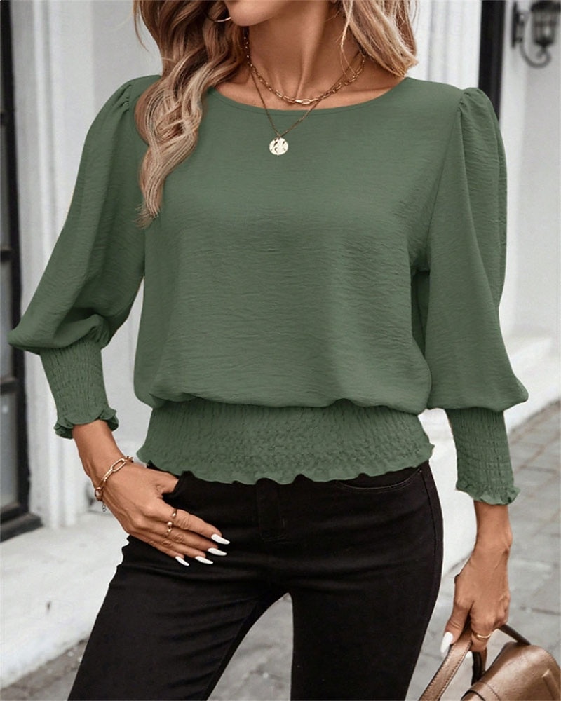 Per donna Blusa Top Eleganti Arricciato Patchwork Tinta unica Semplice Elegante Vintage Signore Manica Lunga Girocollo Top Regolari Quotidiano Lavoro Uscire Blu Nero Bianco Rosa Verde Estate Primavera del 2026 a $25.99 –P7