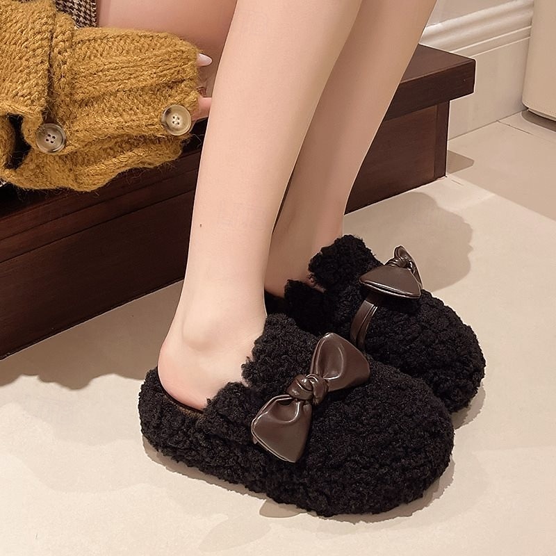 Varme bomullstøfler med tykk såle og sløyfe, plysjtøfler med lukket tå for kvinner, innendørs og utendørs, pelskledde slip-on-sko med ekstra fleece 2026 - $18.99 –P5