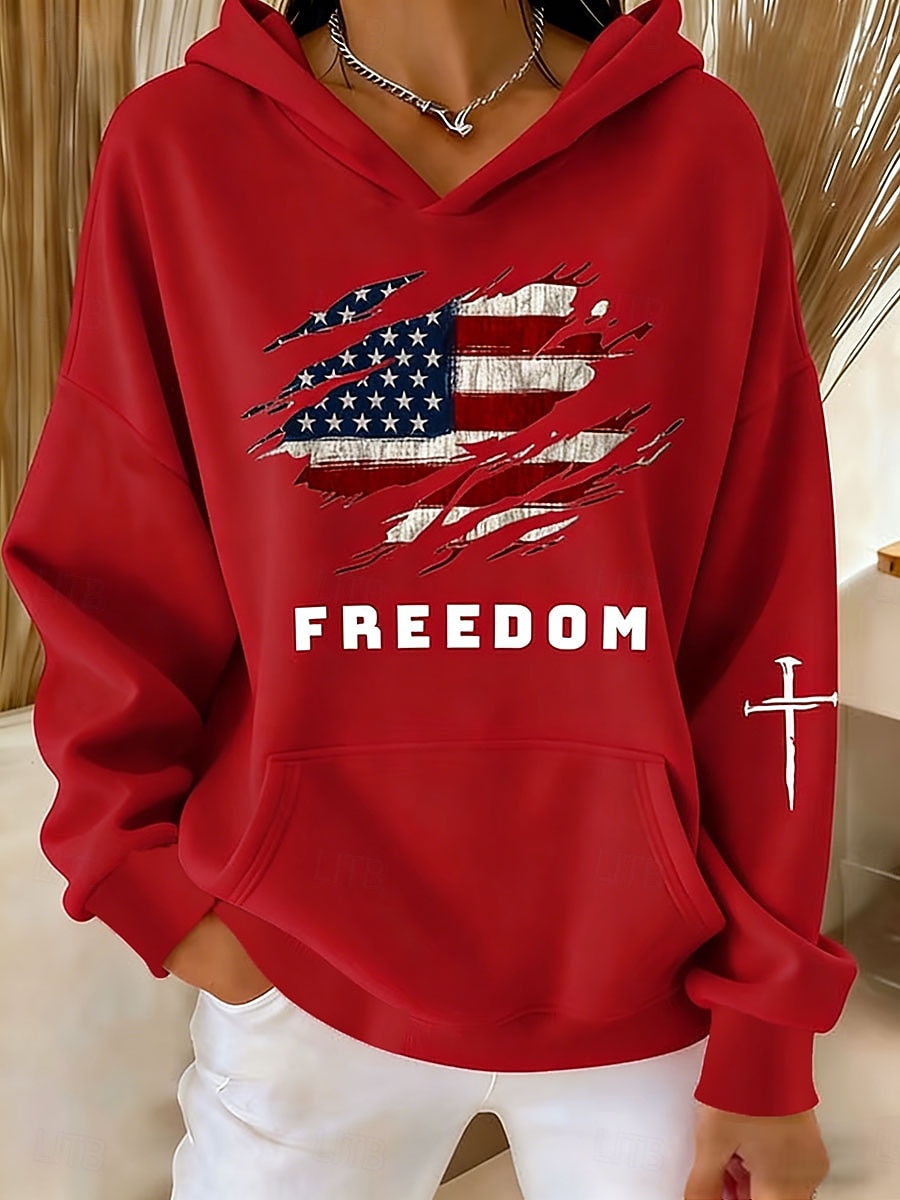 Onafhankelijkheidsdag Patriottische Dames Pullover Hoodie Sweatshirt Grafische Letter Vintage Casual Lange Mouwen Capuchon Reguliere Tops Casual Blauw Zwart Wit Rood Lente Herfst 2026 - $32.99 –P3