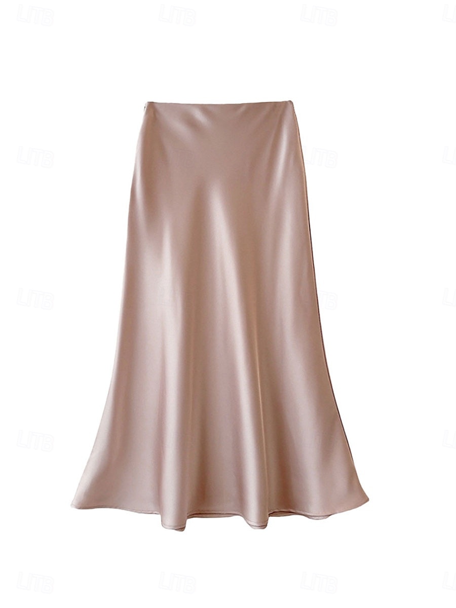 Per donna Gonne in raso Elegante Vintage Moda Casual Midi Vita Alta Gonne Semplice Arricciato Patchwork Inelastico Quotidiano Ufficio / Carriera Grigio verde Vinaccia Aalbicocca Nero Estate del 2026 a $31.99 –P8