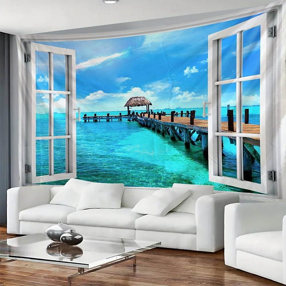 tropická pláž výhled z okna gobelín nástěnná dekorace 3D příroda krajina palmy oceán ostrov léto domácí dekorace velké látkové pozadí 2026 - $19.99 –P6