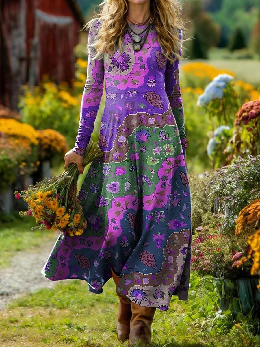 Rochie Midi pentru Femei Boho Rochie în Formă de A Fit și Flare Rochie Vacanță Casual Zilnic Ajustare Regulat Grafic Geometric Mâneci Lungi Gât Rotund Albastru Roz Violet Portocaliu Vară Primăvară 2026 - $37.99 –P3